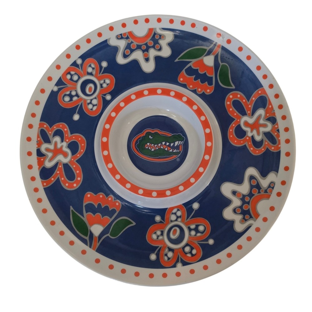 Florida Gators Chip and Dip Serving Tray Blue Orange Floral Melamine 12" Vintage